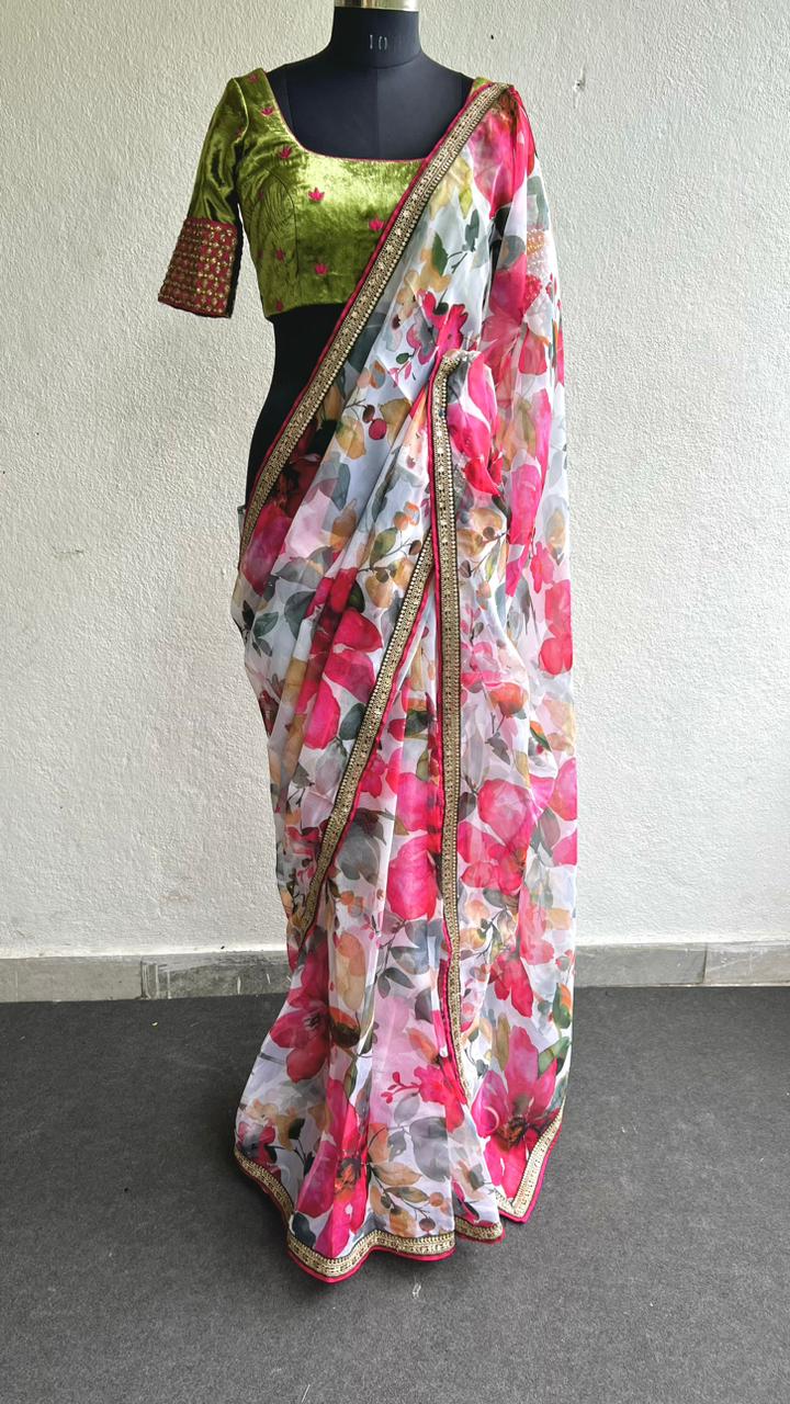 Pink floral organza saree with green velvet embroidered blouse