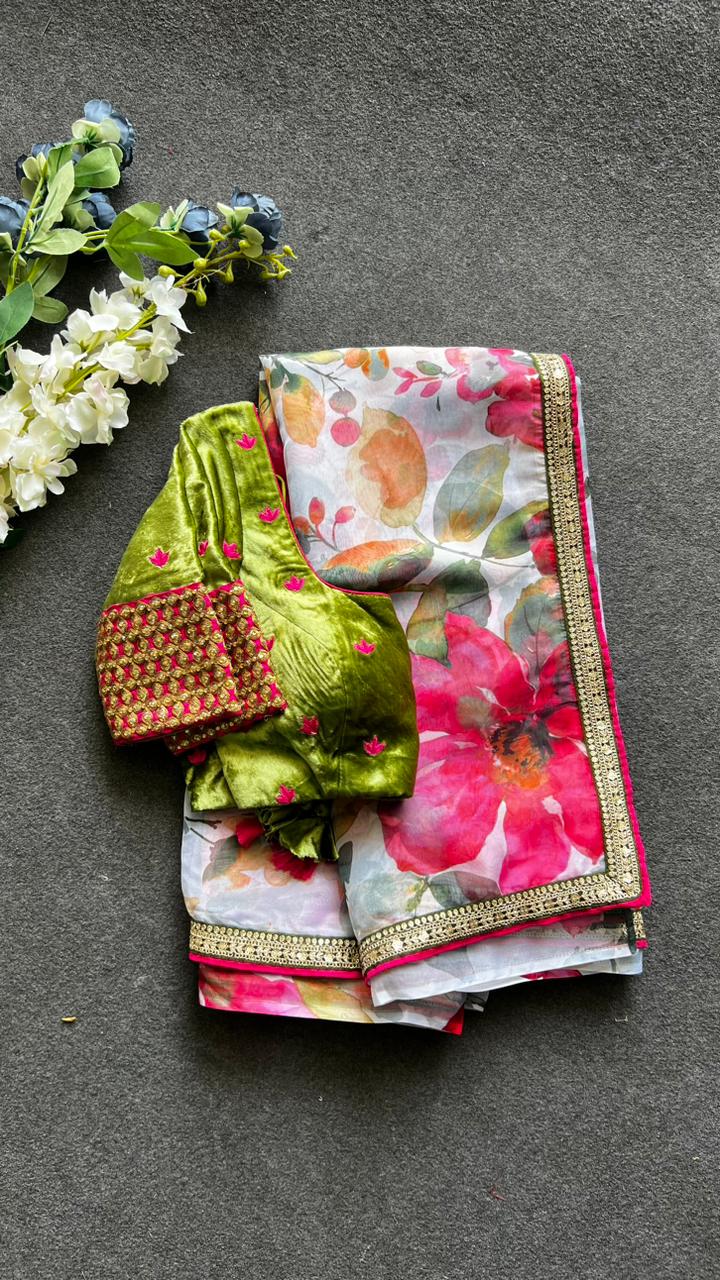 Pink floral organza saree with green velvet embroidered blouse