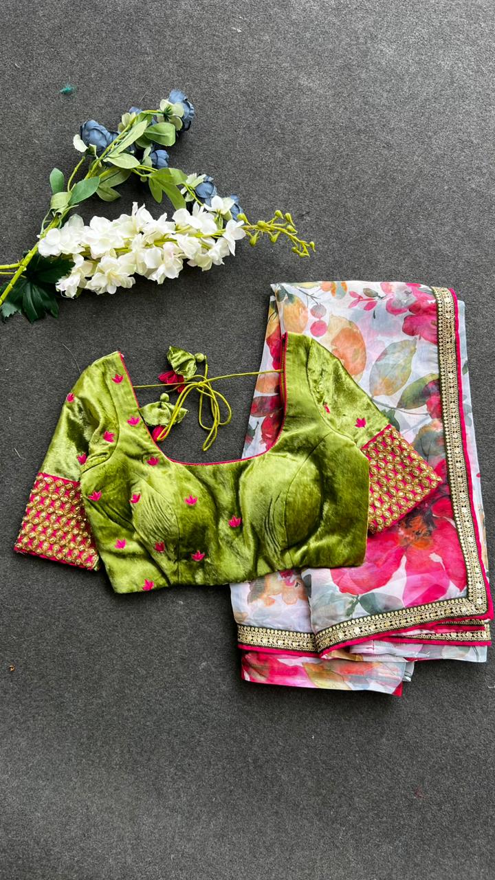 Pink floral organza saree with green velvet embroidered blouse