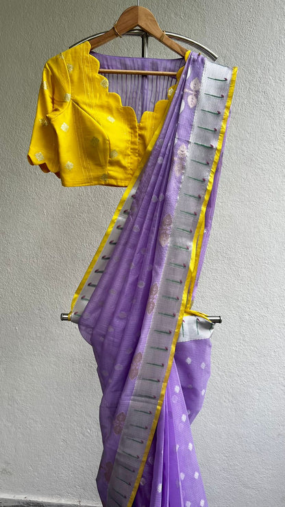 Purple kota embroidery saree with yellow blouse