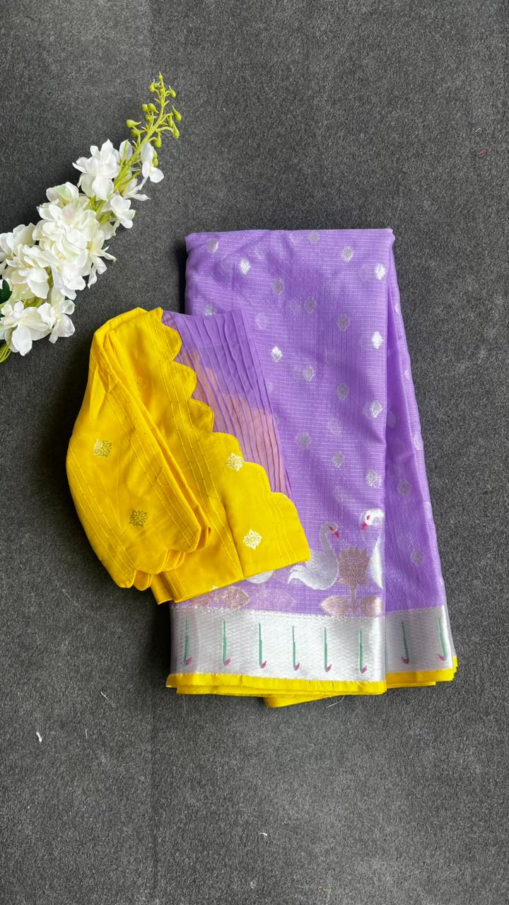 Purple kota embroidery saree with yellow blouse