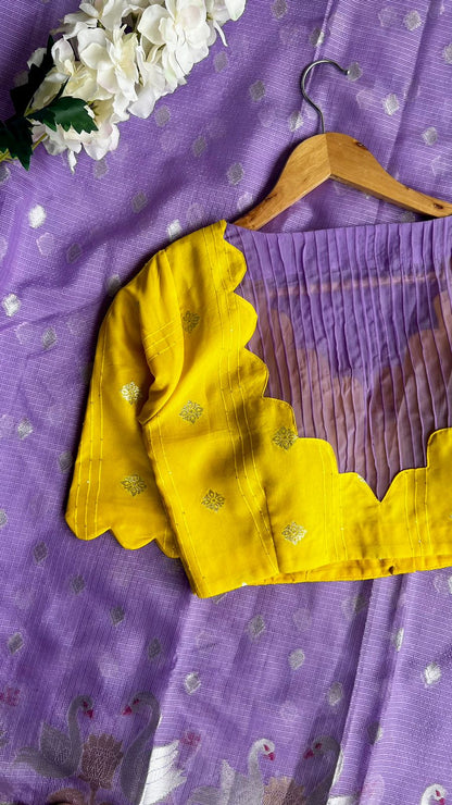 Purple kota embroidery saree with yellow blouse