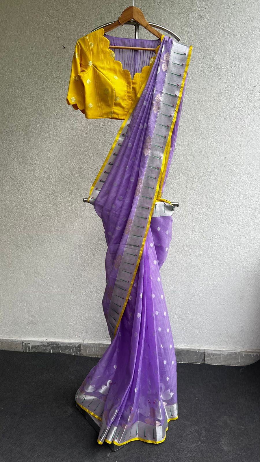 Purple kota embroidery saree with yellow blouse