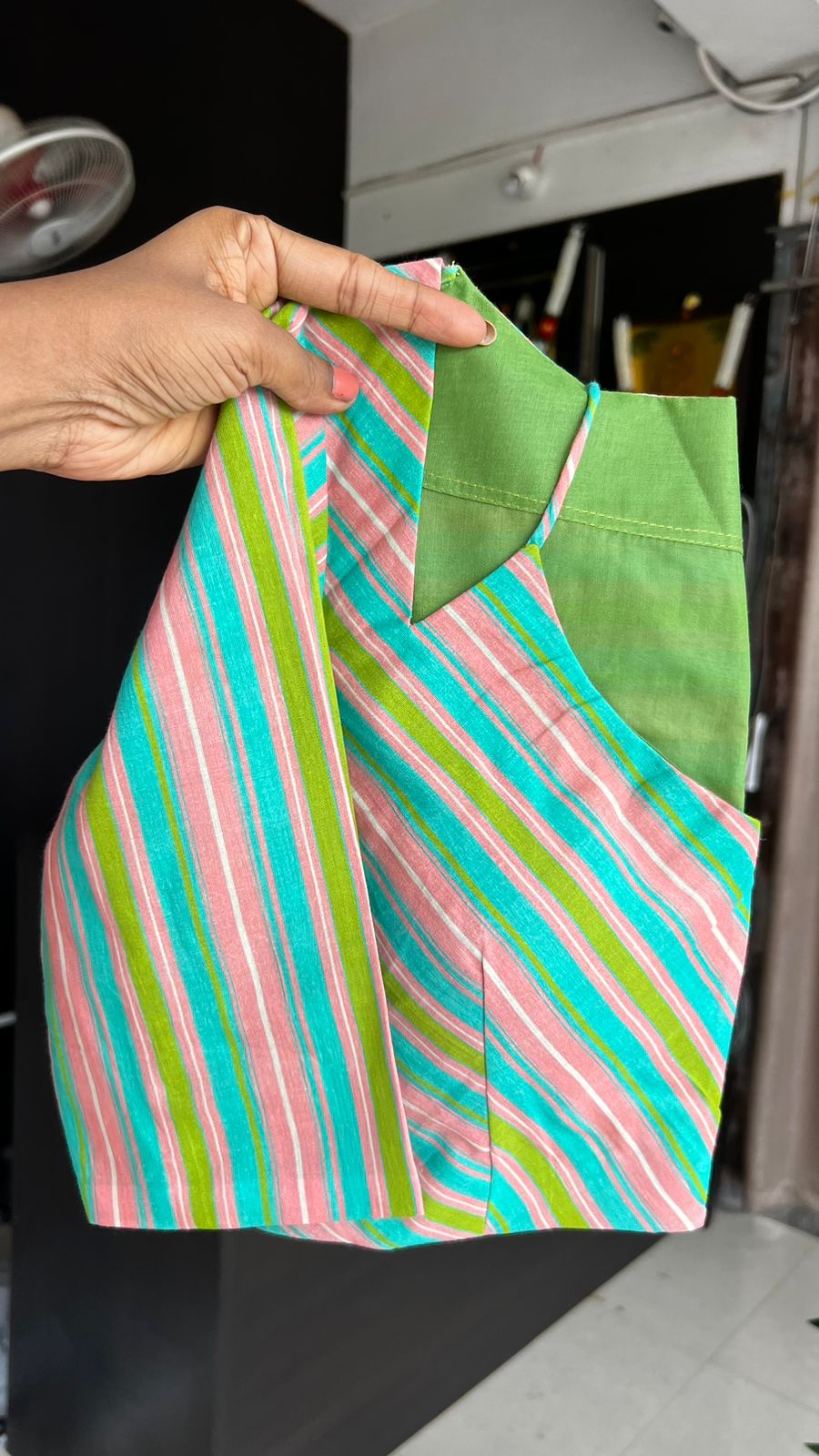 Blue & pink floral cotton saree with lime yellow silk hand work blouse