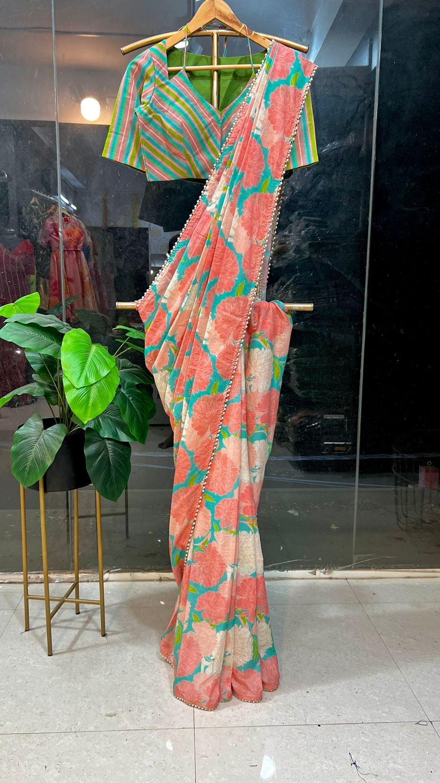 Blue & pink floral cotton saree with lime yellow silk hand work blouse