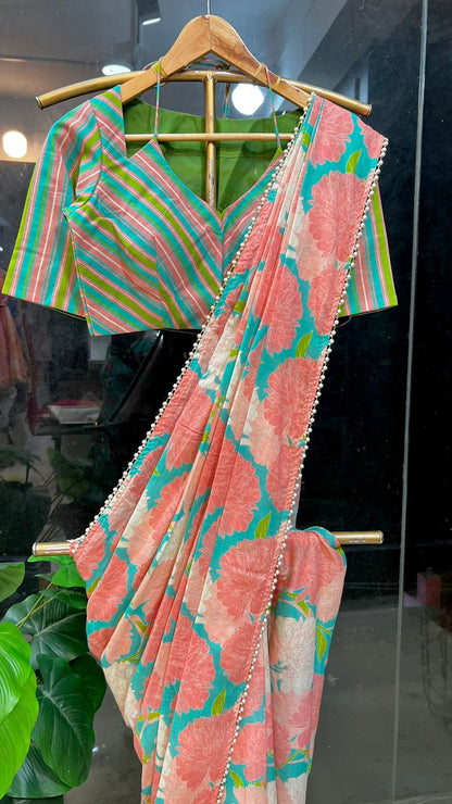 Blue & pink floral cotton saree with lime yellow silk hand work blouse