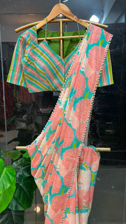 Blue & pink floral cotton saree with lime yellow silk hand work blouse