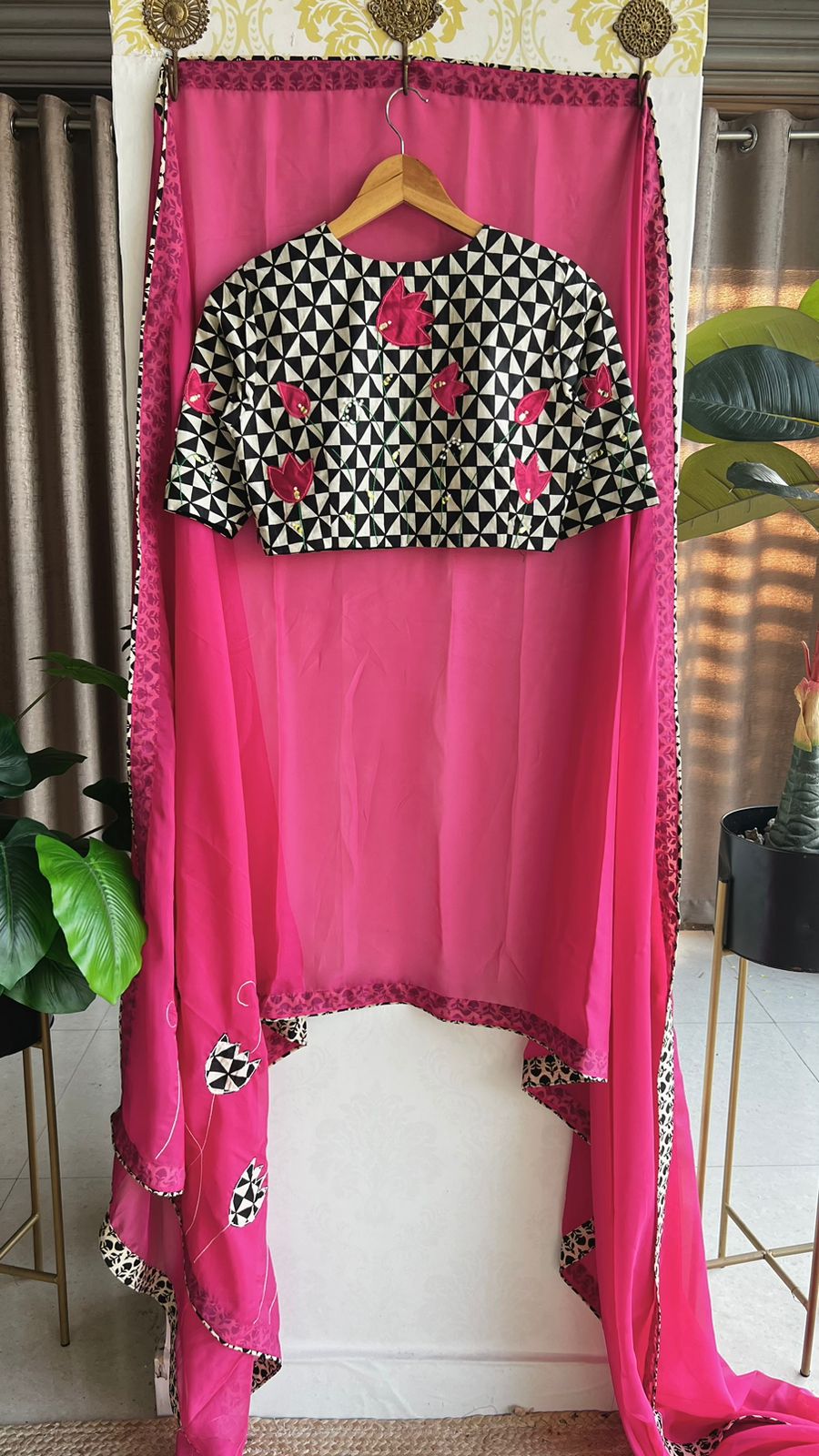 Pink soft organza saree with hand worked blouse