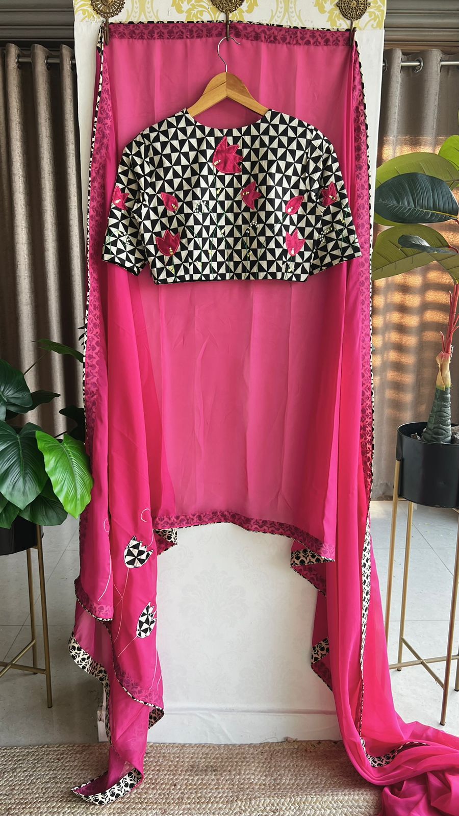 Pink soft organza saree with hand worked blouse