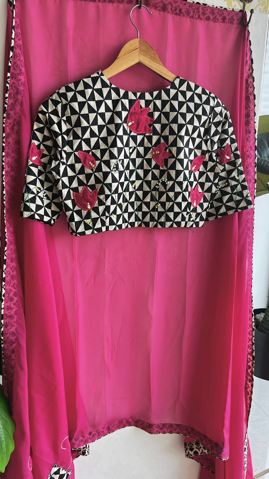 Pink soft organza saree with hand worked blouse