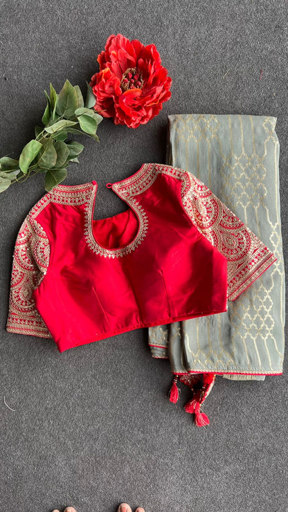 Grey silk saree with red heavy embroidery work blouse