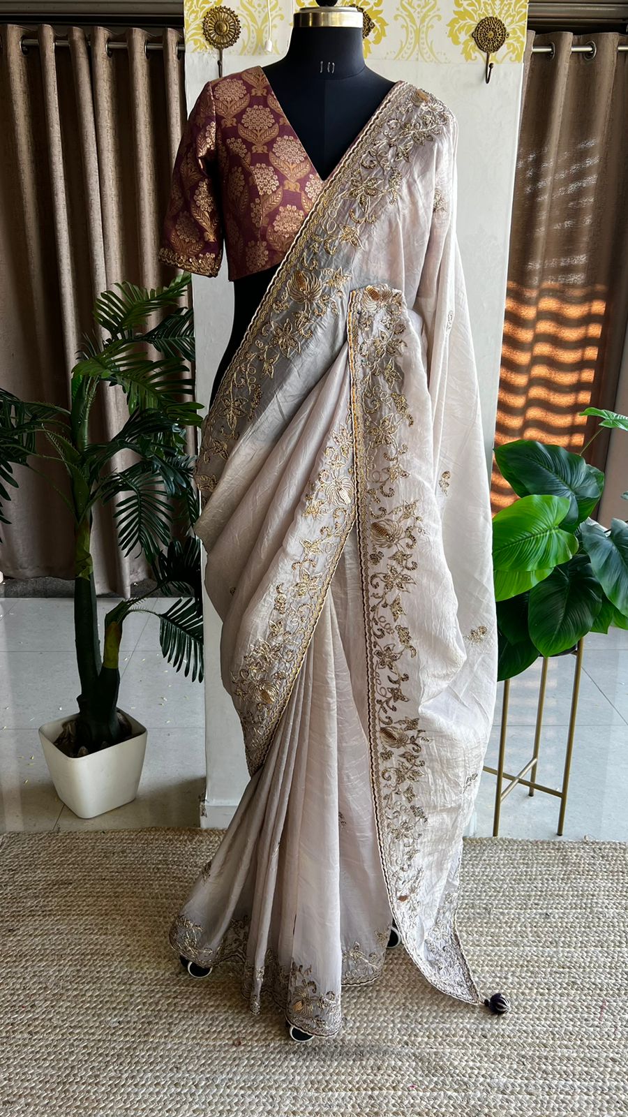 Silver soft tissue saree with banarasi blouse