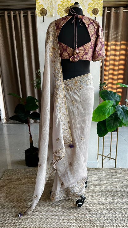 Silver soft tissue saree with banarasi blouse