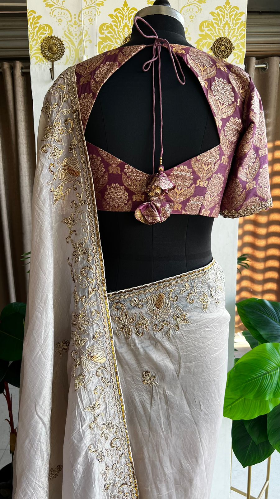 Silver soft tissue saree with banarasi blouse