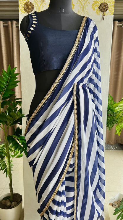 White & blue stripped georgette saree with blue original mirror work blouse