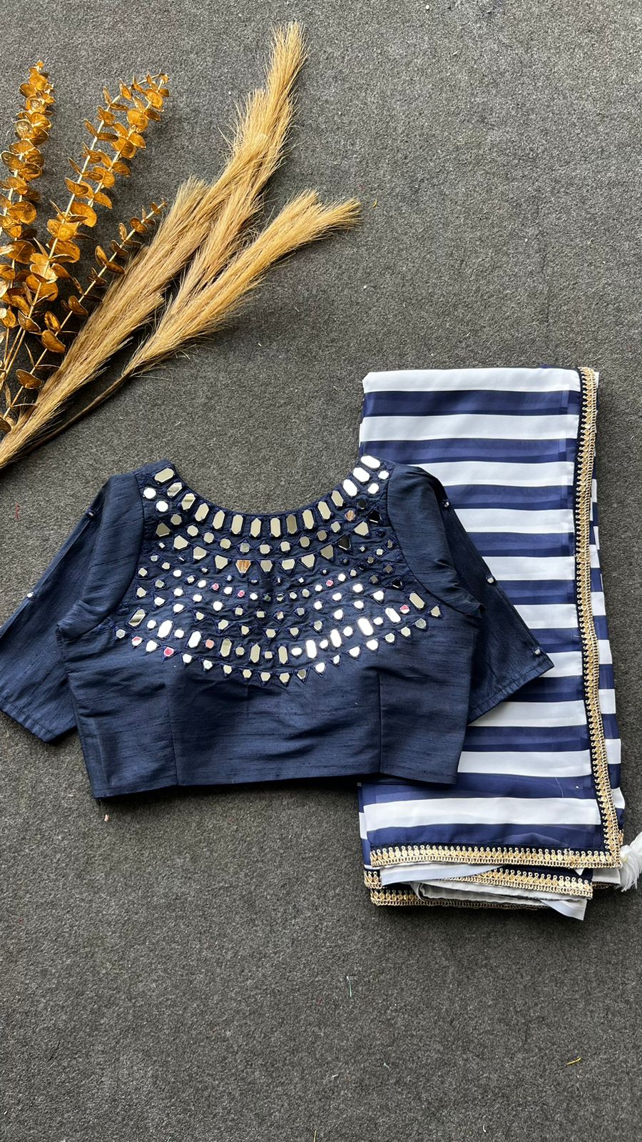 Navy blue silk original mirror work blouse (only blouse)