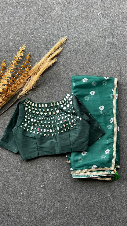 Green organza floral saree with green original mirror work blouse