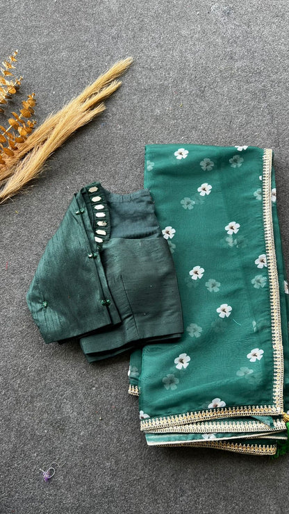 Green organza floral saree with green original mirror work blouse