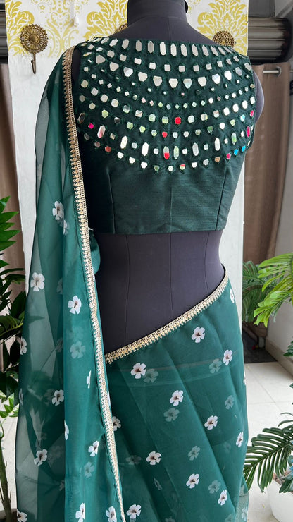 Green organza floral saree with green original mirror work blouse