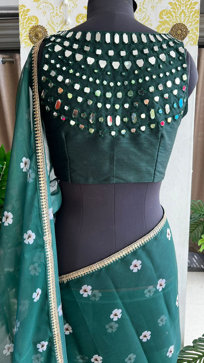 Green organza floral saree with green original mirror work blouse