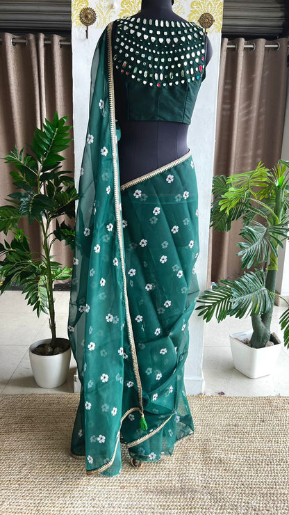 Green organza floral saree with green original mirror work blouse