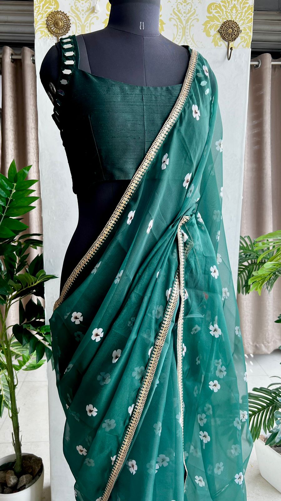 Green organza floral saree with green original mirror work blouse