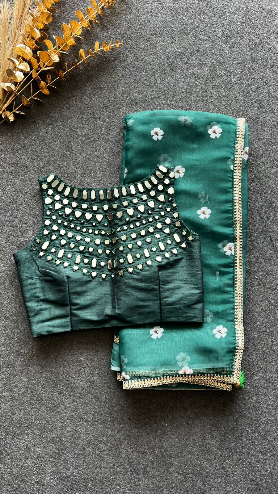 Green organza floral saree with green original mirror work blouse