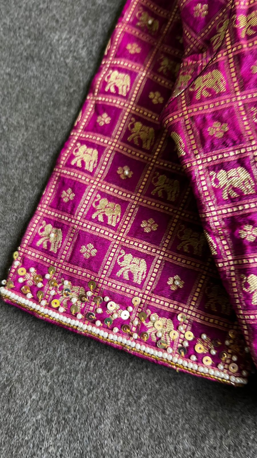 Cream soft jute saree with pink banarasi hand work blouse