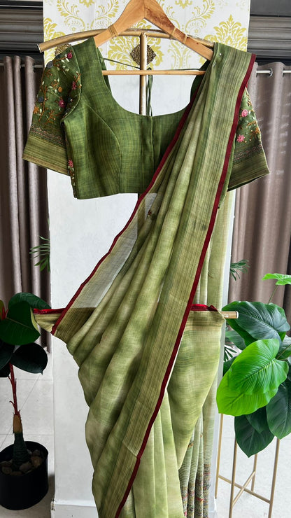 Green linen thread hand worked saree & blouse