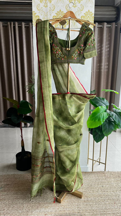 Green linen thread hand worked saree & blouse