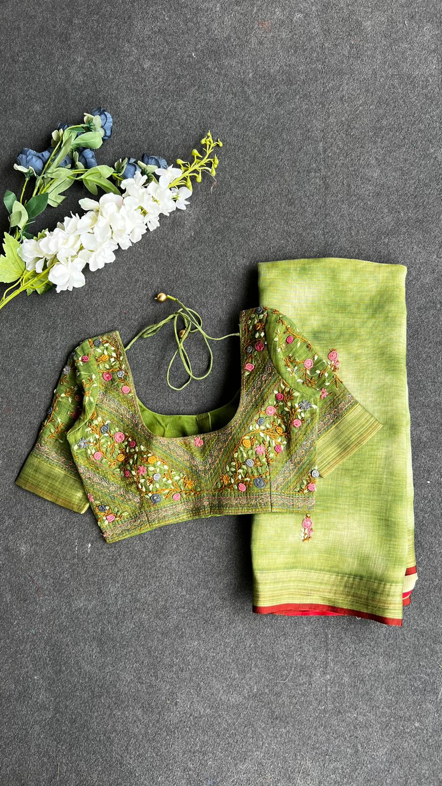 Green linen thread hand worked saree & blouse