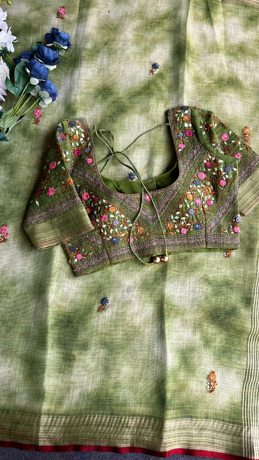 Green linen thread hand worked saree & blouse