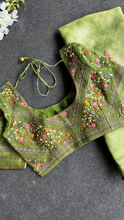 Green linen thread hand worked saree & blouse