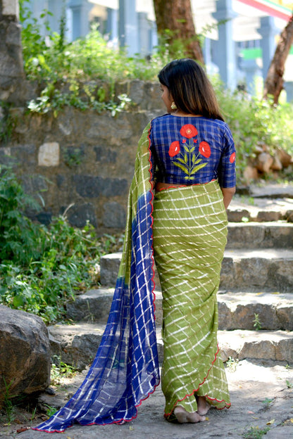 Green checked chiffon saree with blue silk hand work blouse