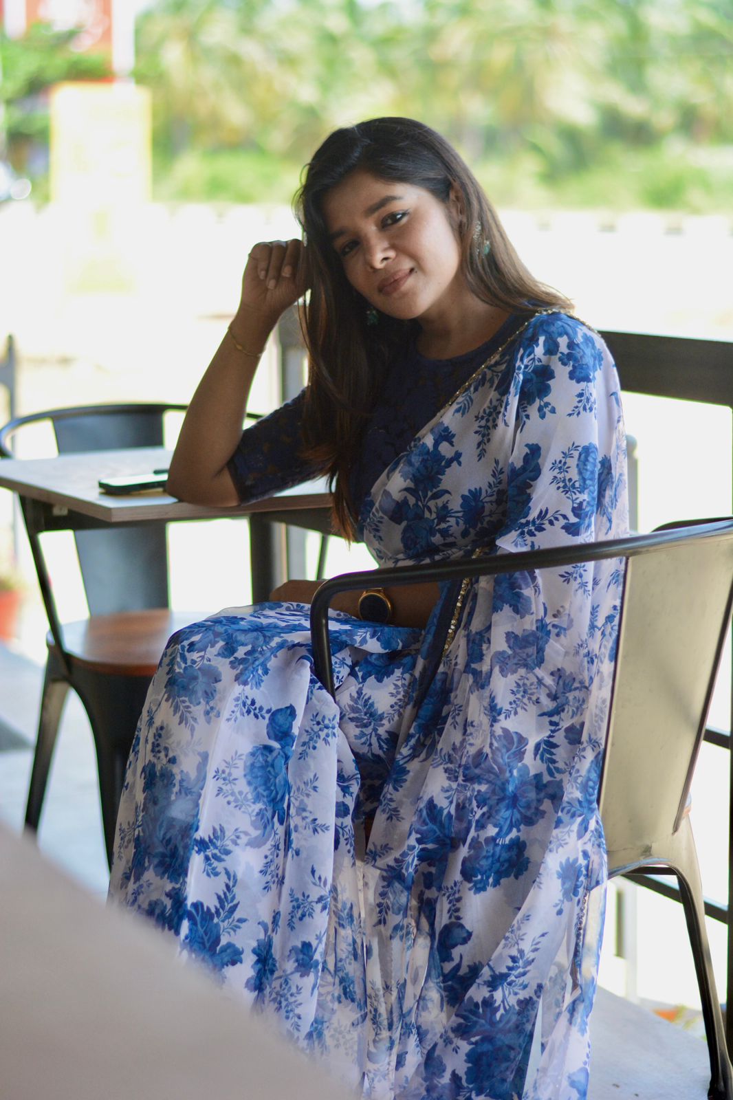 Blue & white organza saree with blue embroidered blouse