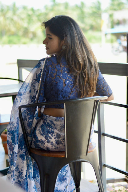 Blue & white organza saree with blue embroidered blouse