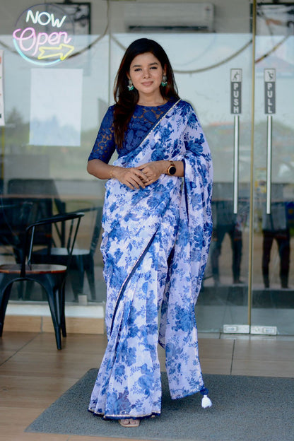 Blue & white organza saree with blue embroidered blouse