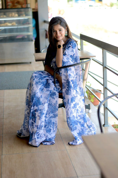 Blue & white organza saree with blue embroidered blouse