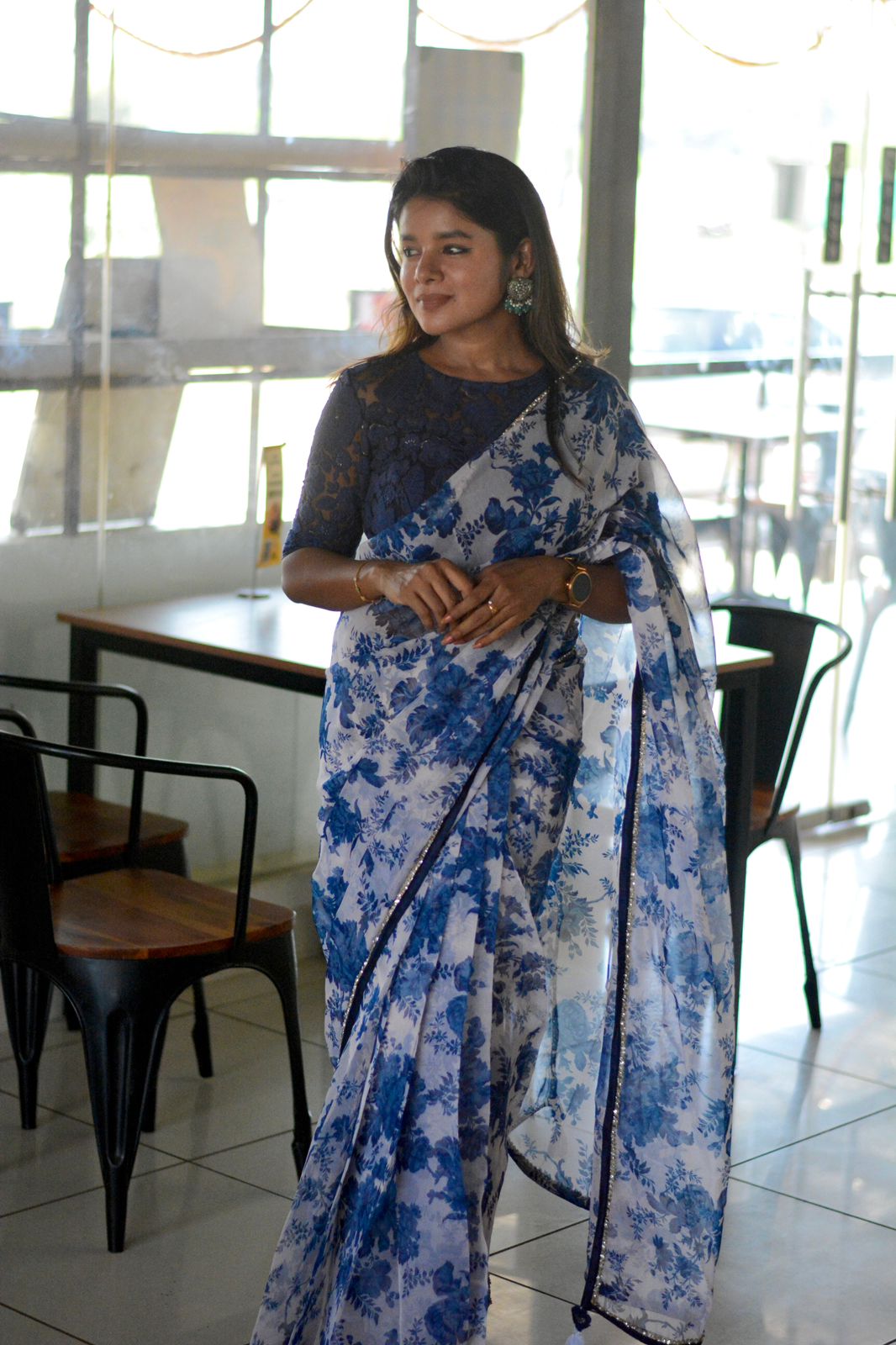 Blue & white organza saree with blue embroidered blouse