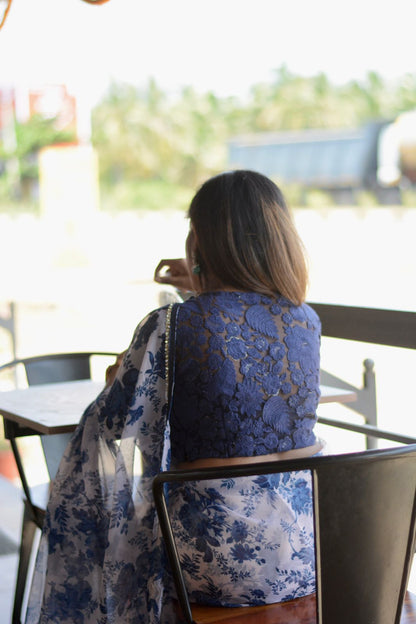 Blue & white organza saree with blue embroidered blouse