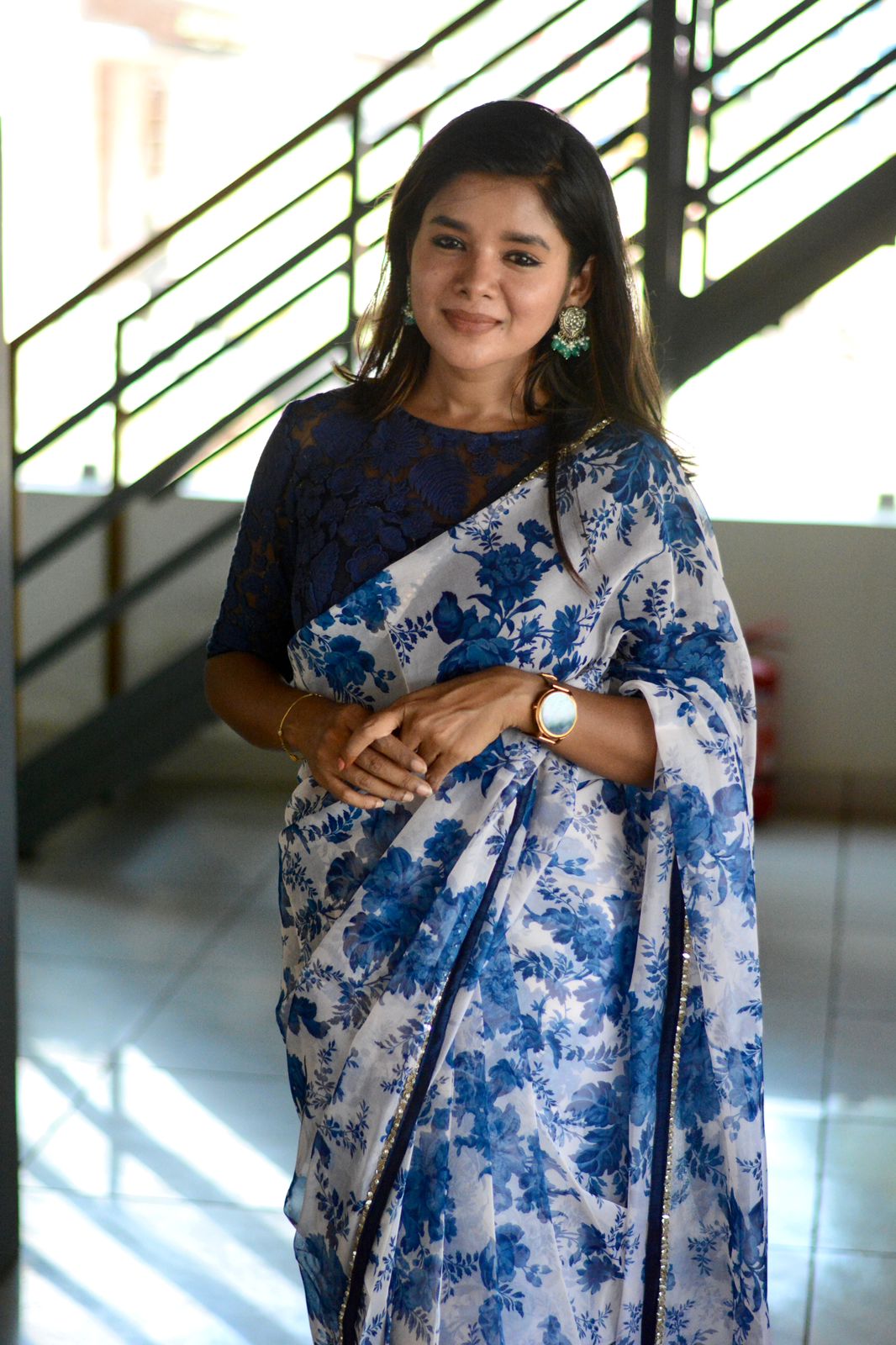 Blue & white organza saree with blue embroidered blouse