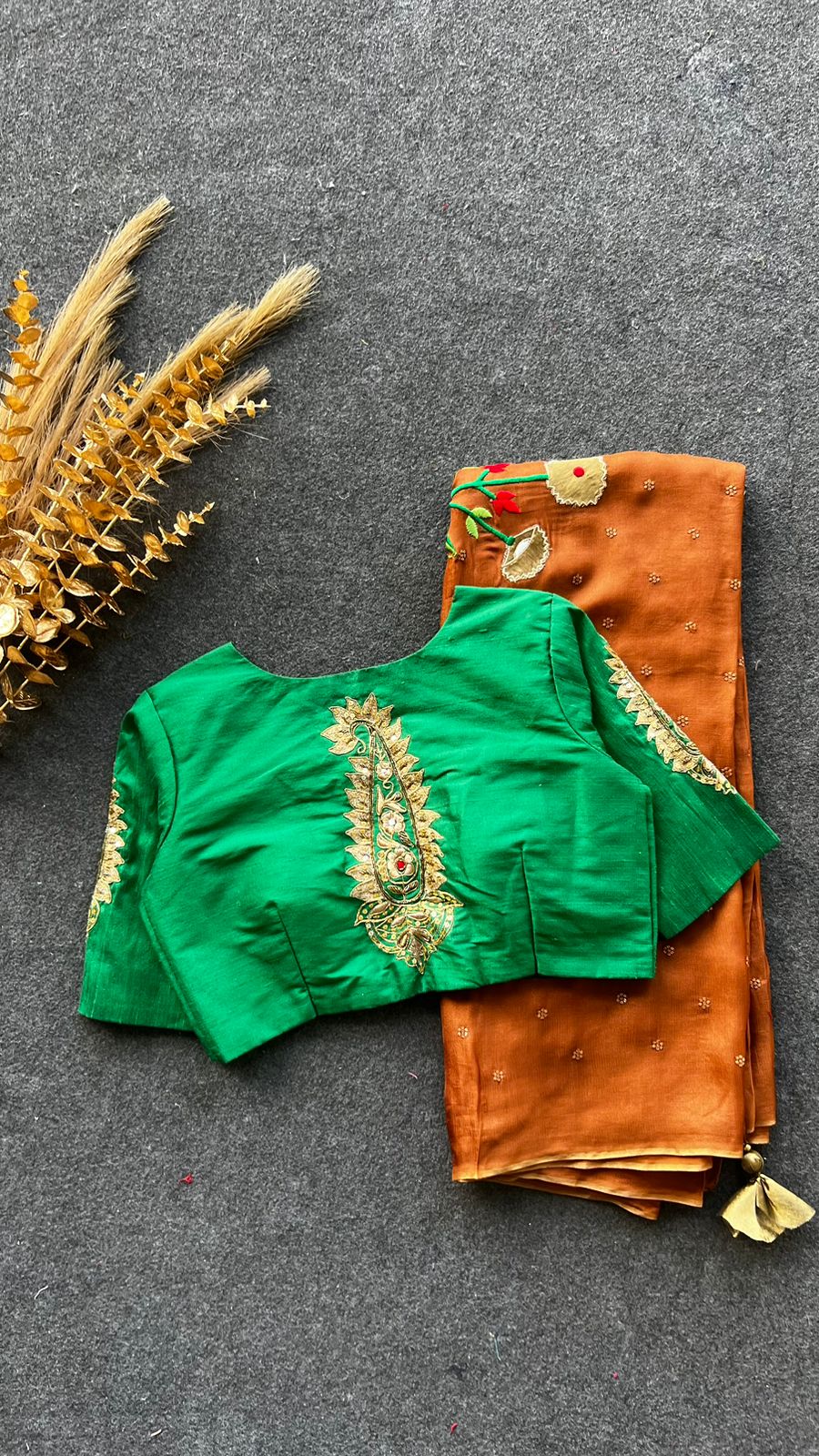 Green silk hand worked paisley blouse (only blouse )