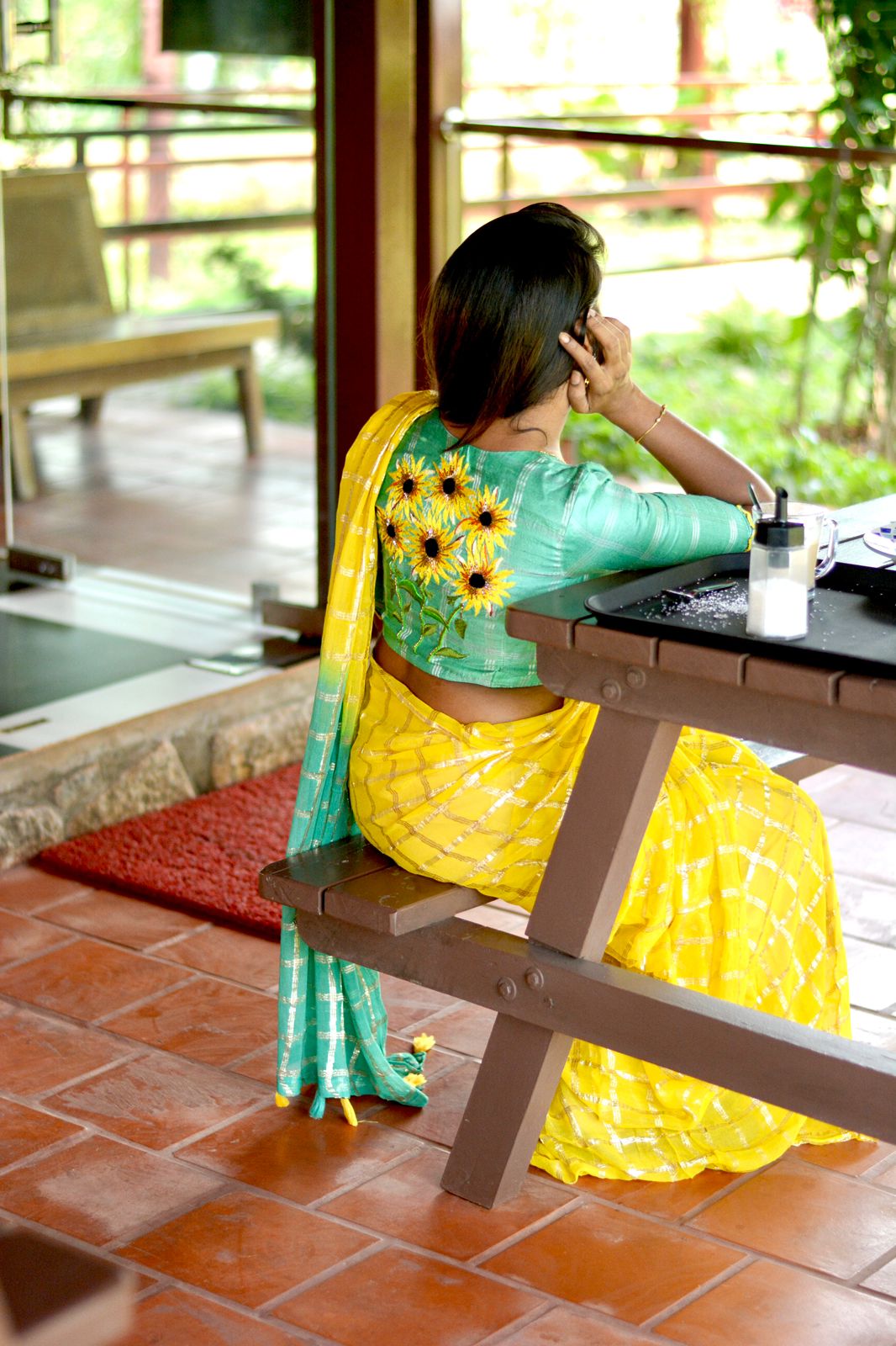 Yellow chiffon saree with green pure jute hand worked blouse