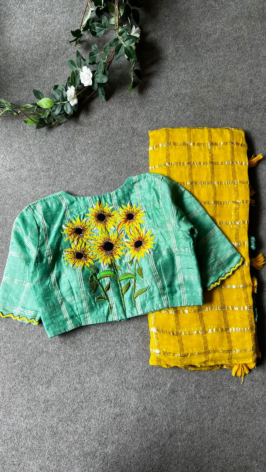 Yellow chiffon saree with green pure jute hand worked blouse UNSTITCHED BLOUSE 32