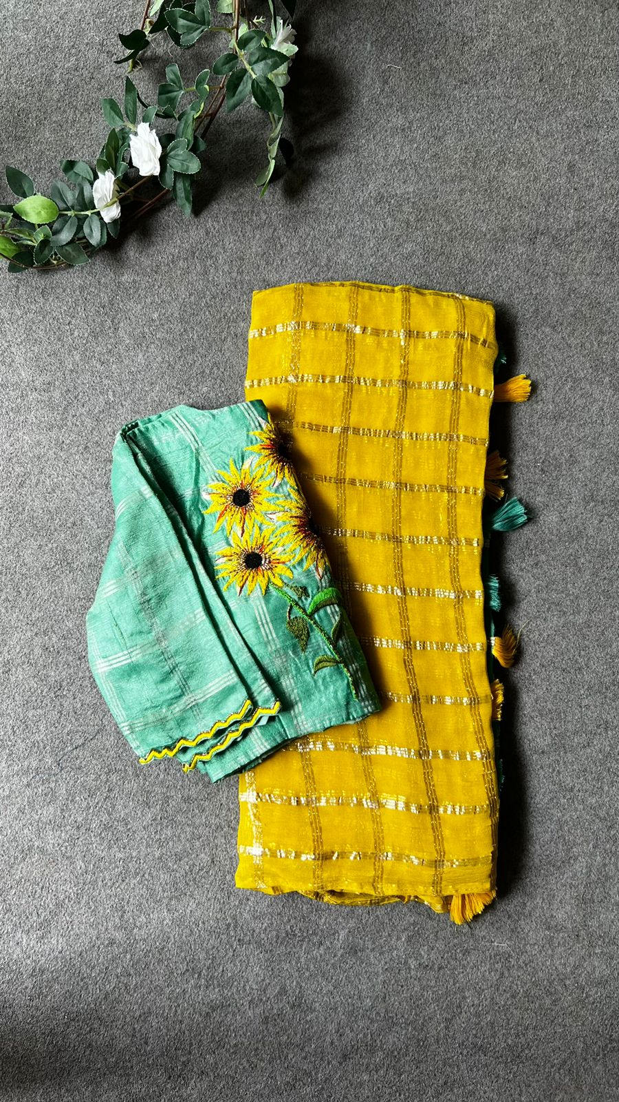 Yellow chiffon saree with green pure jute hand worked blouse