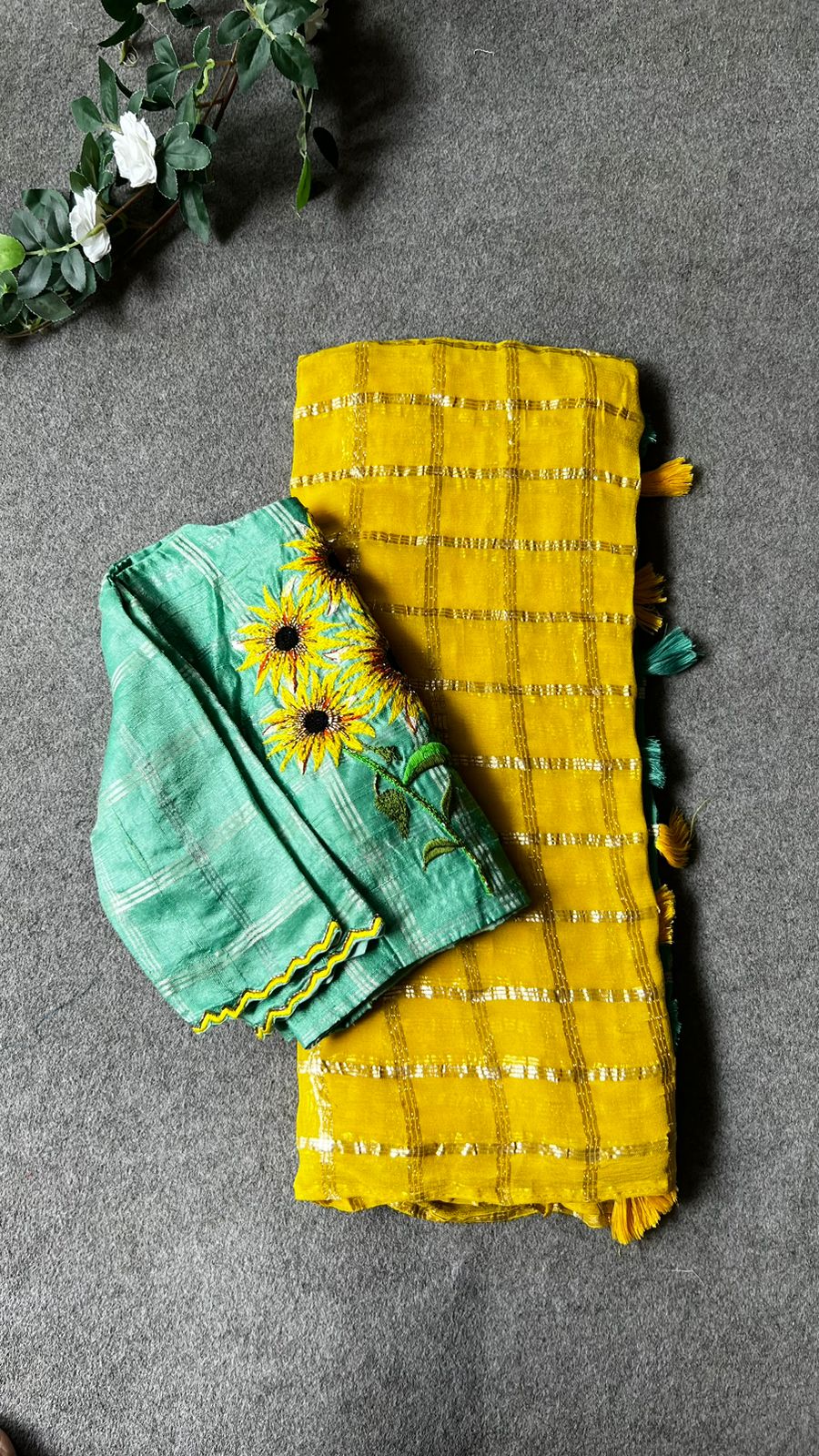 Yellow chiffon saree with green pure jute hand worked blouse