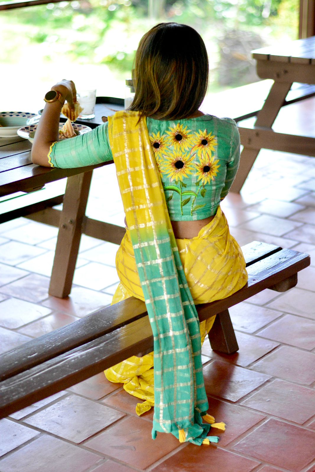 Yellow chiffon saree with green pure jute hand worked blouse