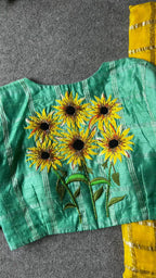 Yellow chiffon saree with green pure jute hand worked blouse