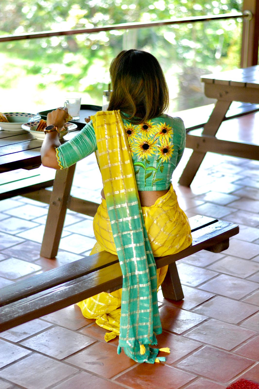 Yellow chiffon saree with green pure jute hand worked blouse