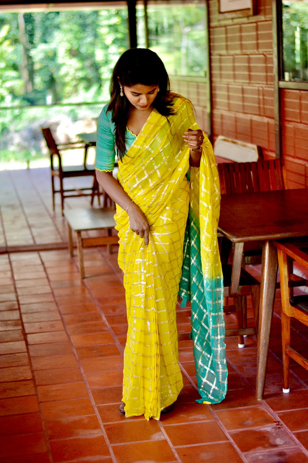 Yellow chiffon saree with green pure jute hand worked blouse